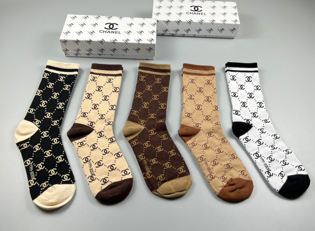 Chanel Earthy Cream Black Allover Letter Pattern Crew Socks, image 1