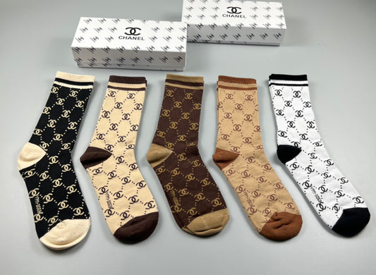 Chanel Earthy Cream Black Allover Letter Pattern Crew Socks, image 1
