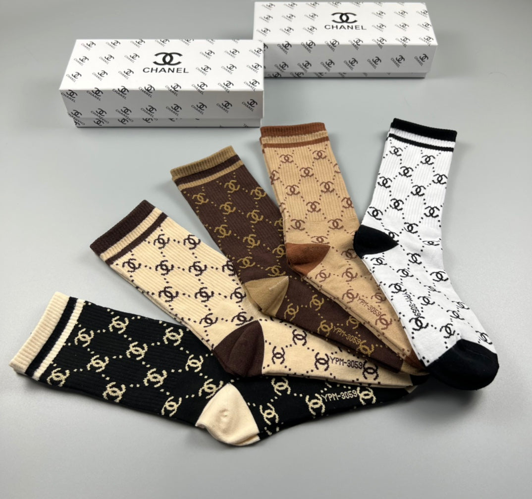 Chanel Earthy Cream Black Allover Letter Pattern Crew Socks, image 5