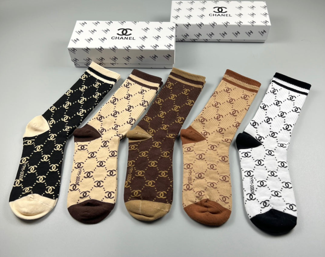 Chanel Earthy Cream Black Allover Letter Pattern Crew Socks, image 3