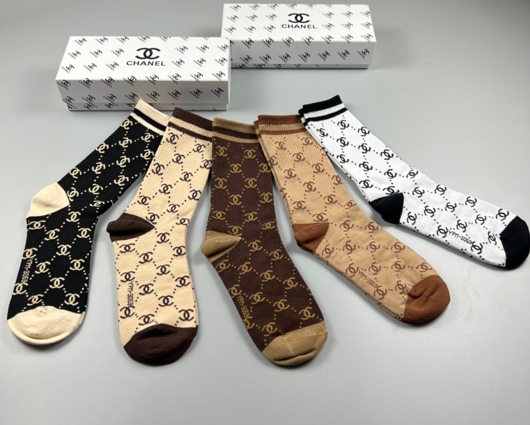 Chanel Earthy Cream Black Allover Letter Pattern Crew Socks, image 4