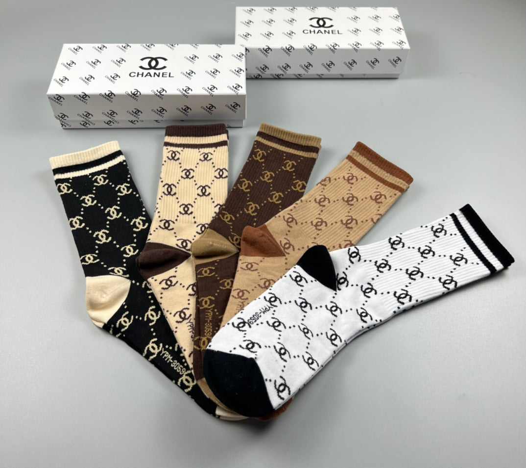 Chanel Earthy Cream Black Allover Letter Pattern Crew Socks, image 2