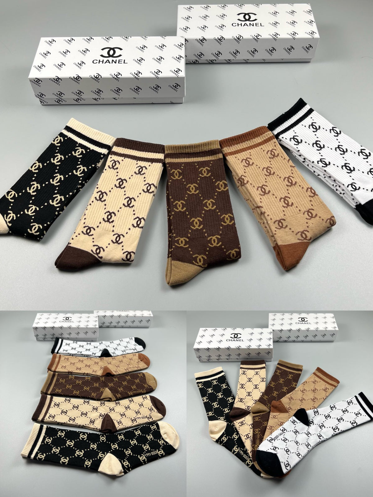 Chanel Earthy Cream Black Allover Letter Pattern Crew Socks, image 9