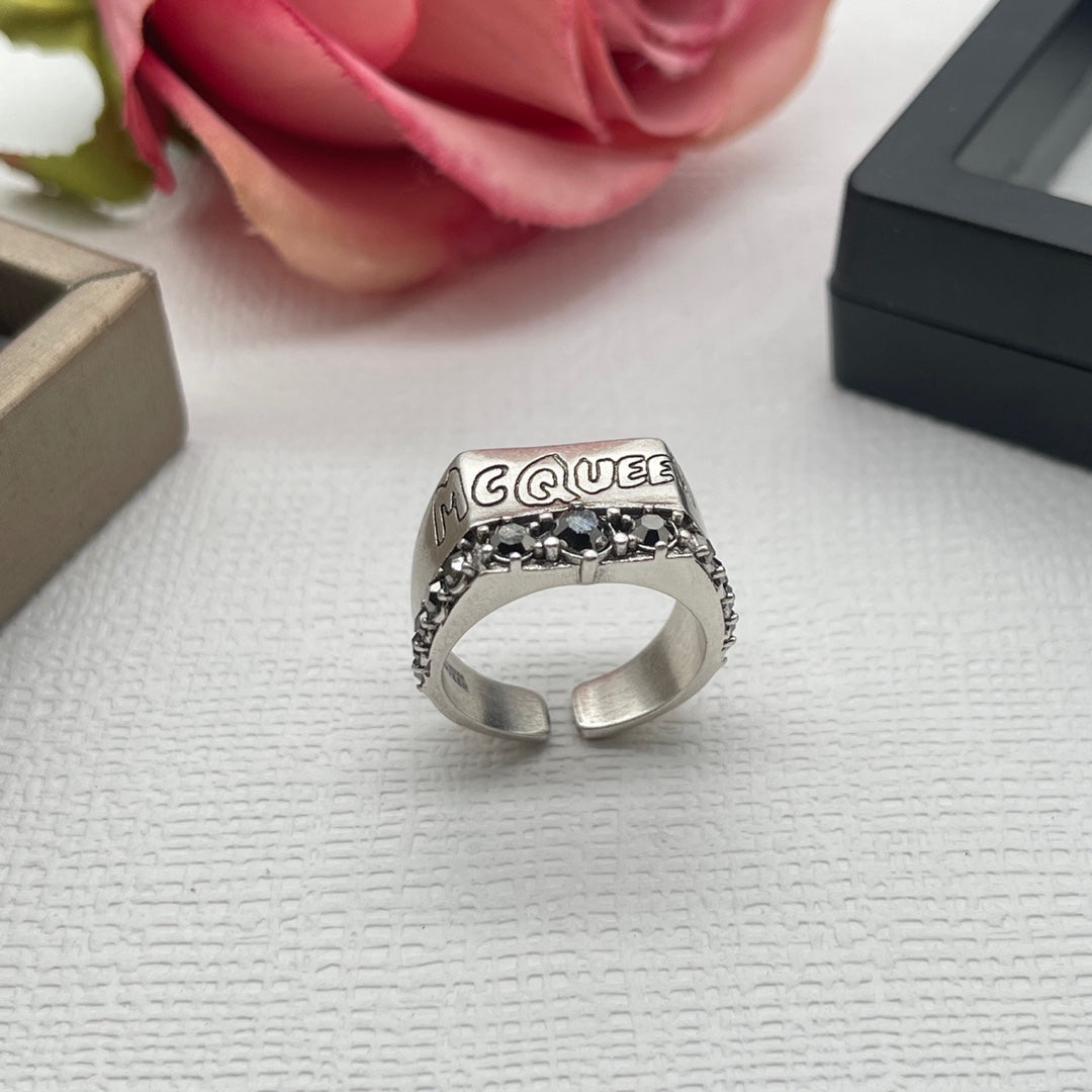 Alexander McQueen Crystal Engraved Signet ring in Silver Tone, main view