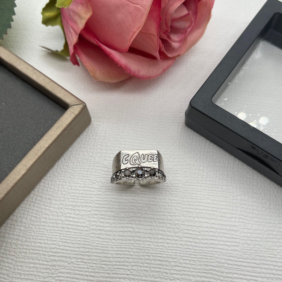 Alexander McQueen Crystal Engraved Signet ring in Silver Tone, detail view 2