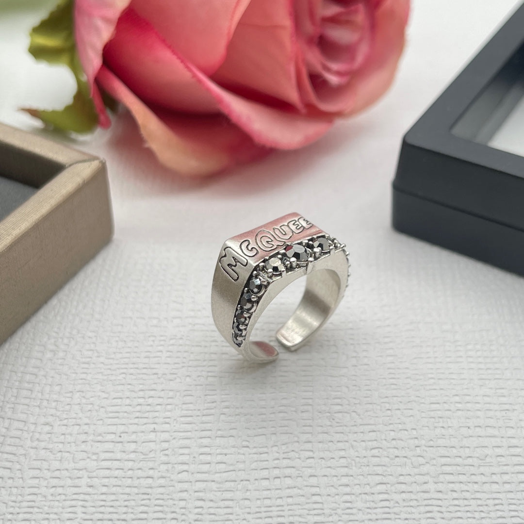 Alexander McQueen Crystal Engraved Signet ring in Silver Tone, detail view 3