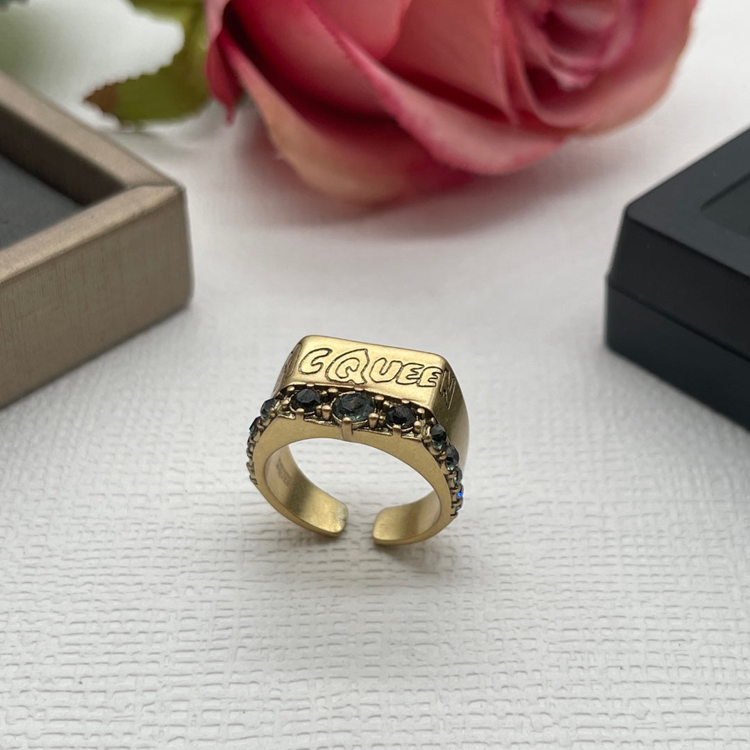 Alexander McQueen Crystal Engraved Signet ring in Gold Tone, detail view 8