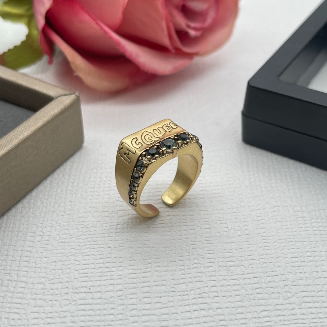 Alexander McQueen Crystal Engraved Signet ring in Gold Tone, detail view 9