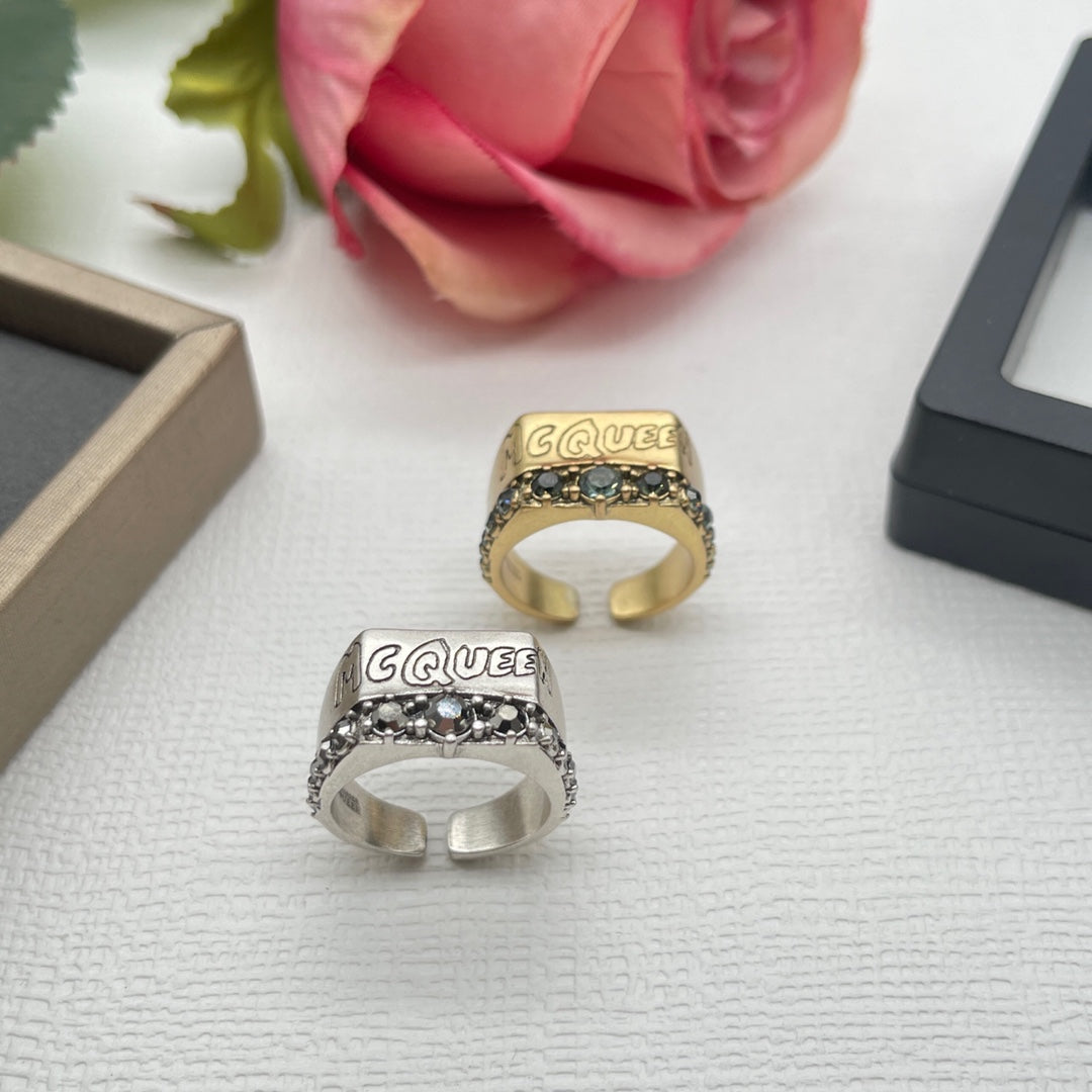 Alexander McQueen Crystal Engraved Signet ring in Gold Tone, detail view 14