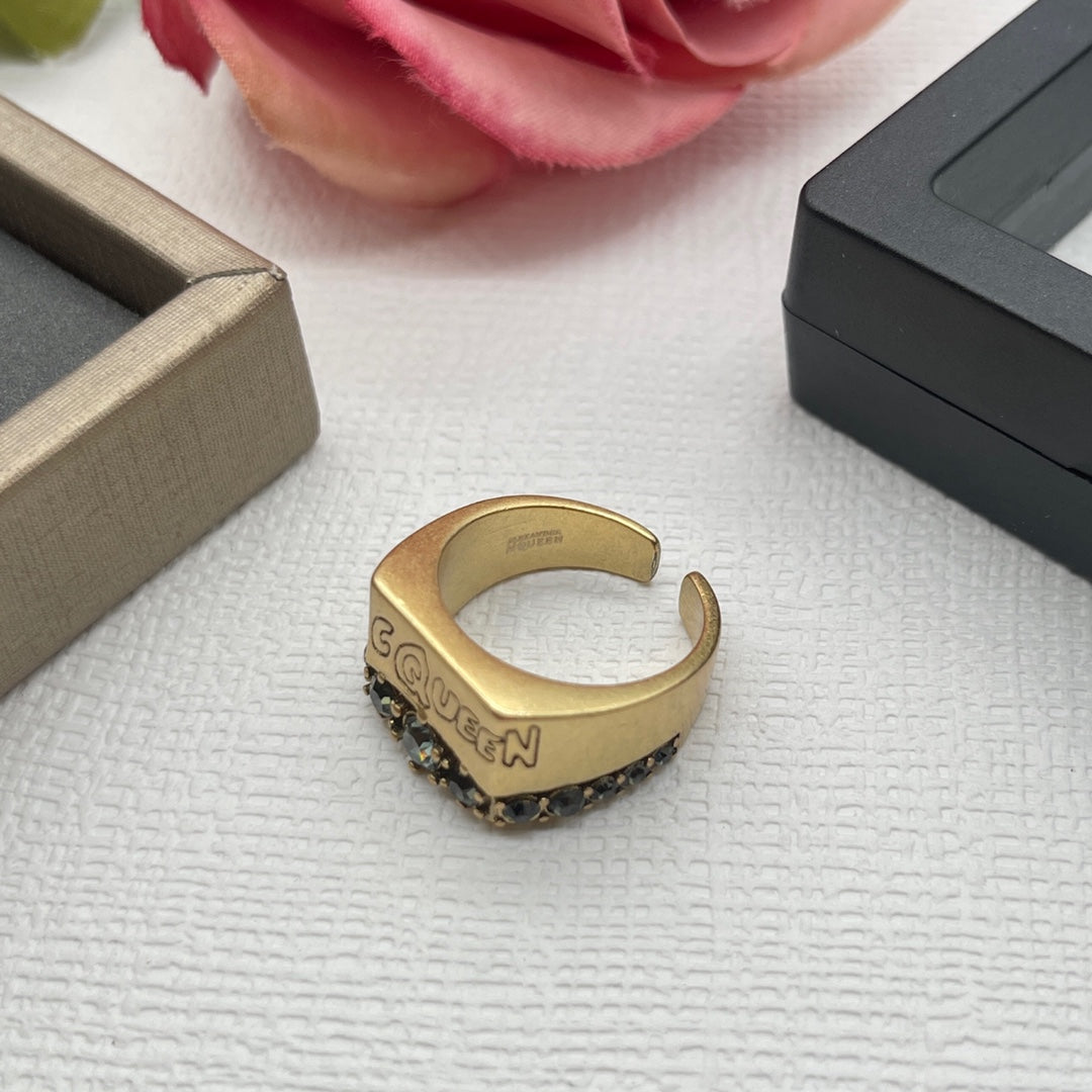 Alexander McQueen Crystal Engraved Signet ring in Gold Tone, detail view 12