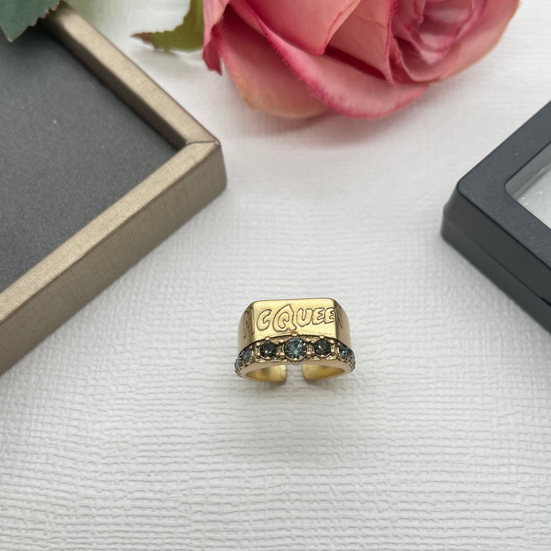 Alexander McQueen Crystal Engraved Signet ring in Gold Tone, detail view 13