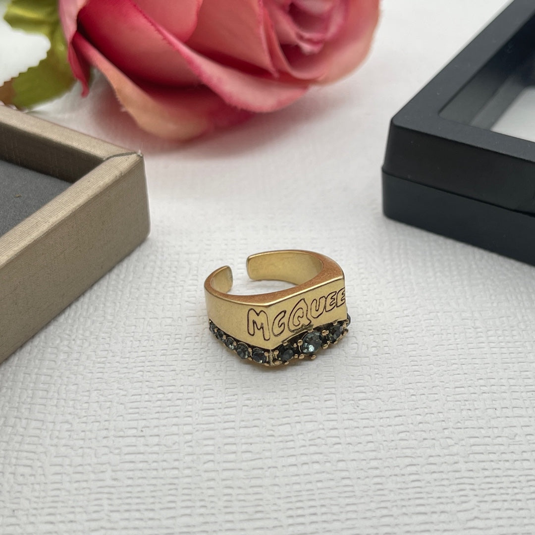 Alexander McQueen Crystal Engraved Signet ring in Gold Tone, detail view 10
