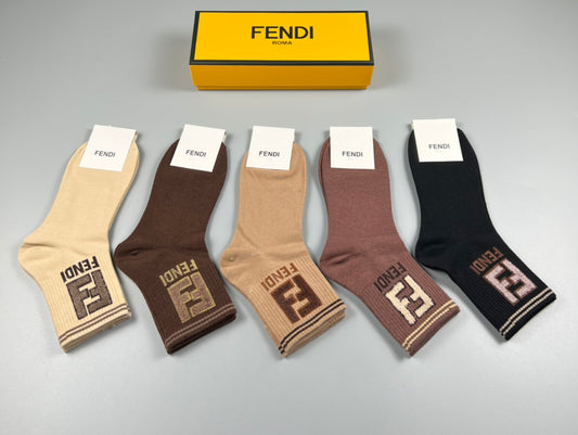 Fendi Brown Cream Black Large Double Letters Crew Socks, image 1