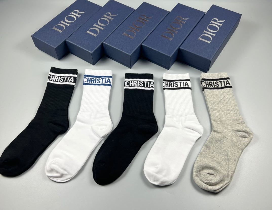 Dior White Grey Black Plain Wordmark Cuffs Crew Socks, image 2