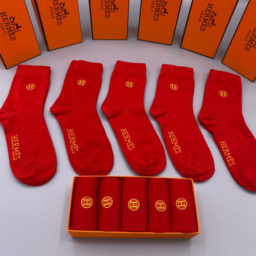 Hermès Red Gold Small Cuff Emblems Crew Socks, image 2