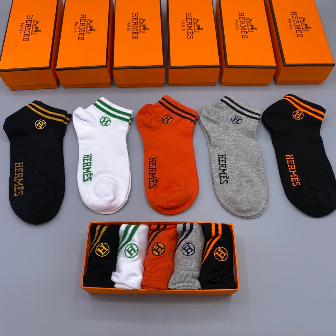 Hermès Orange White Grey Contrast Cuff Lines No-Show Socks, image 1
