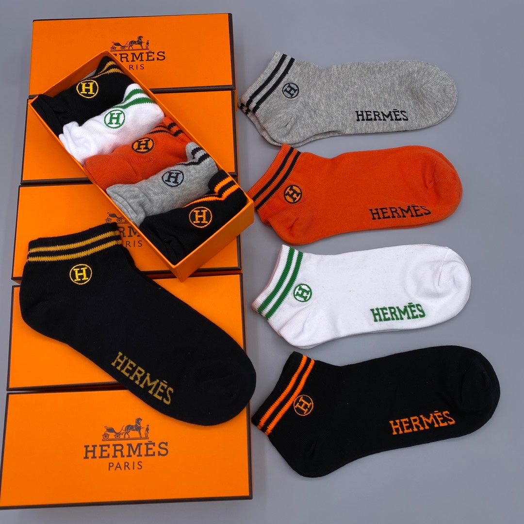 Hermès Orange White Grey Contrast Cuff Lines No-Show Socks, image 7