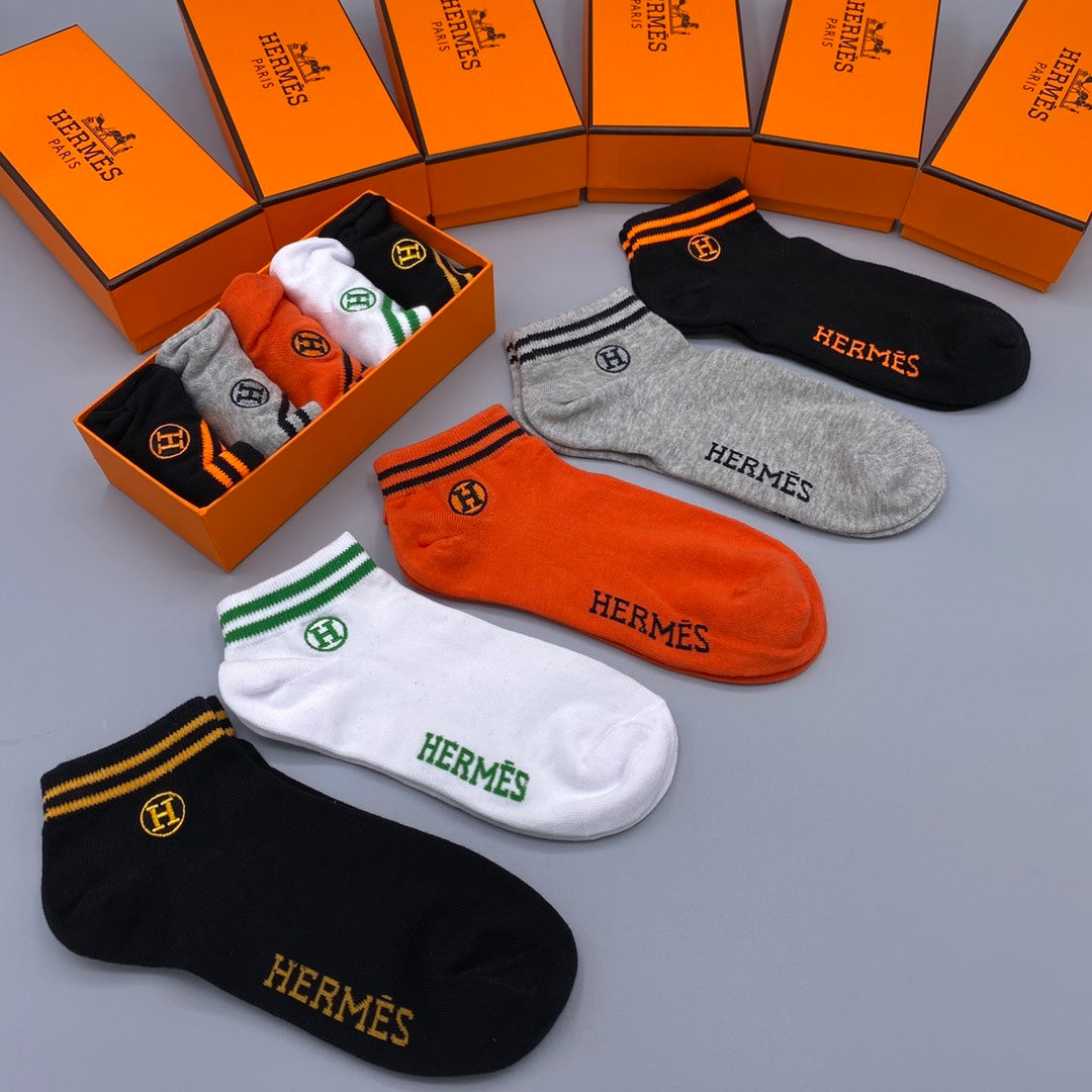 Hermès Orange White Grey Contrast Cuff Lines No-Show Socks, image 2