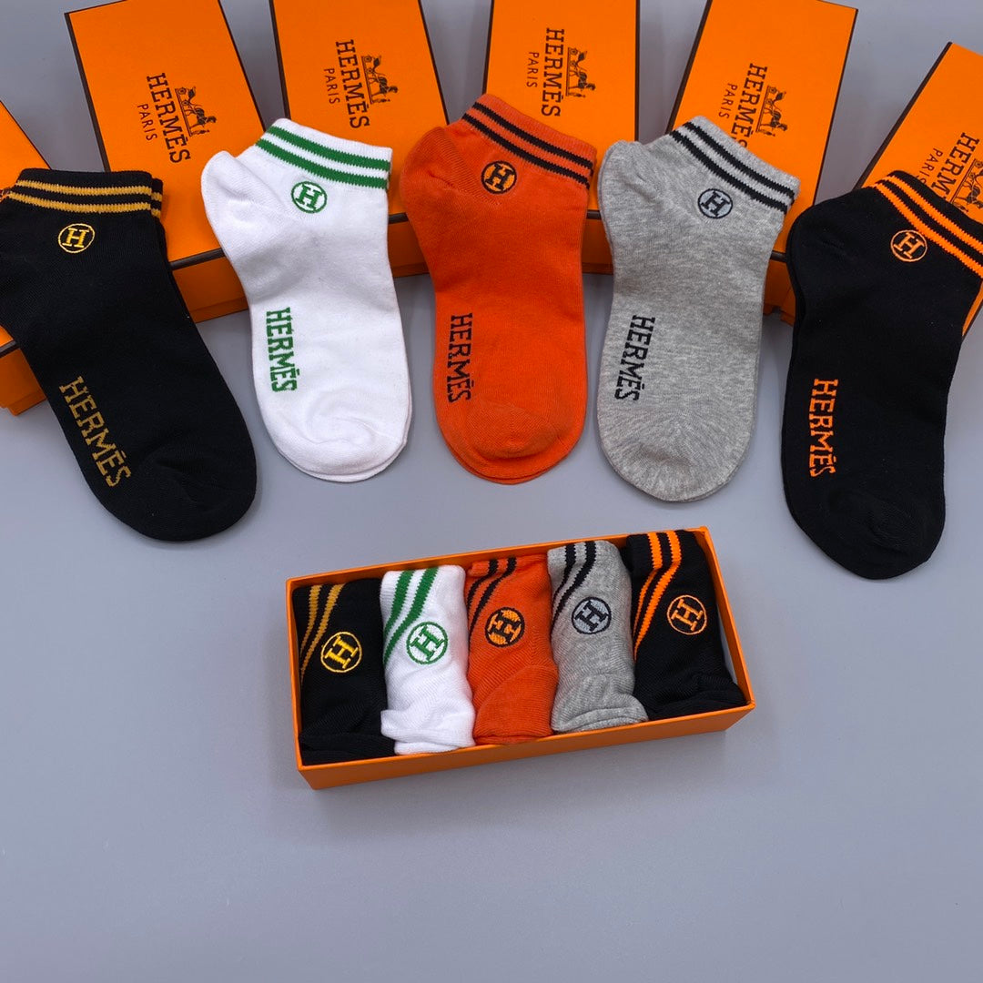 Hermès Orange White Grey Contrast Cuff Lines No-Show Socks, image 4