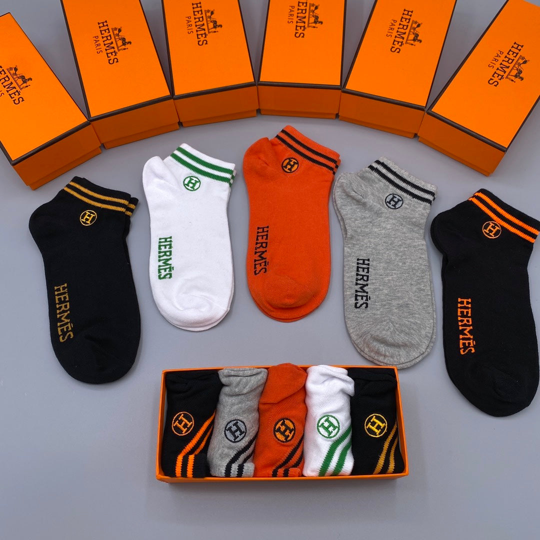 Hermès Orange White Grey Contrast Cuff Lines No-Show Socks, image 3