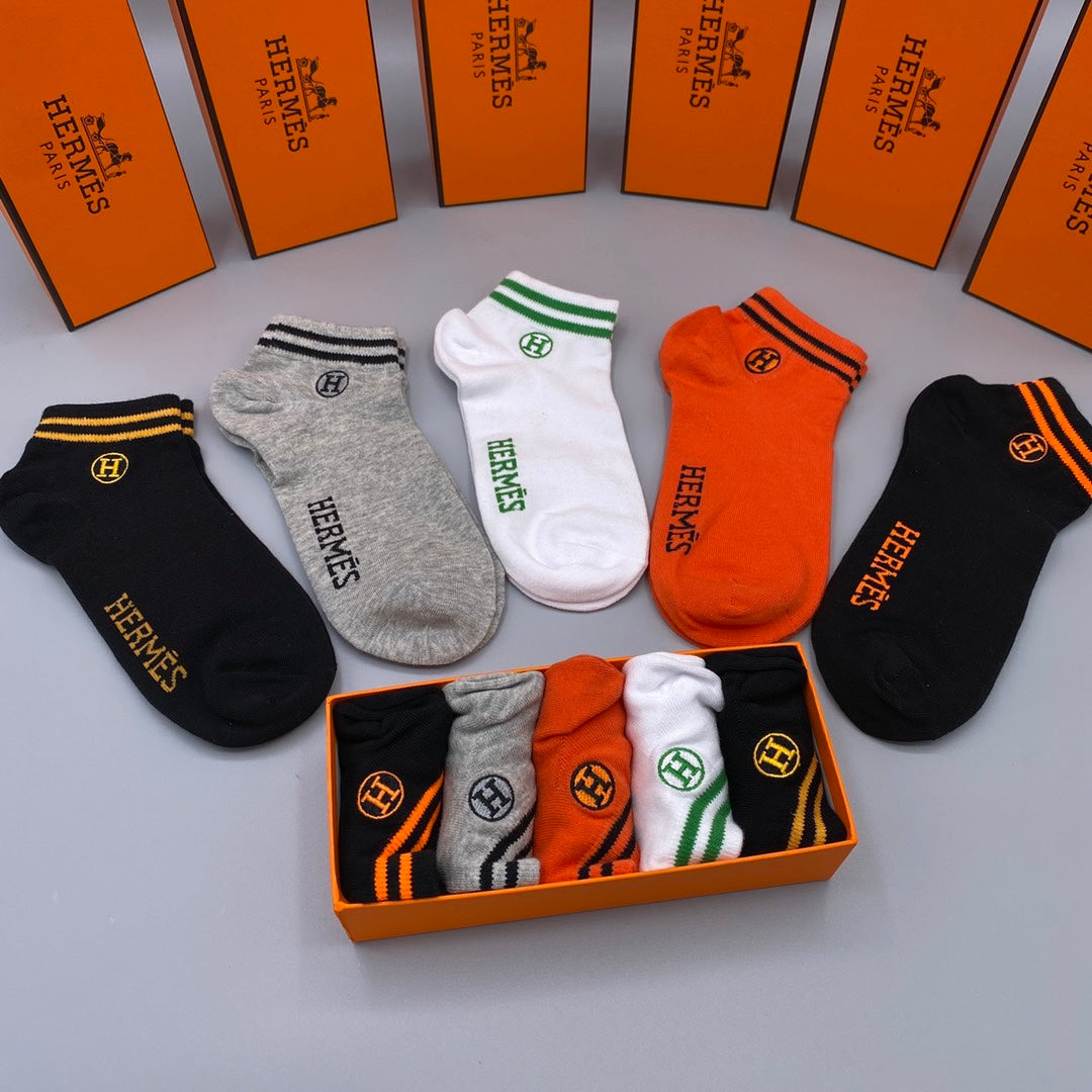 Hermès Orange White Grey Contrast Cuff Lines No-Show Socks, image 5