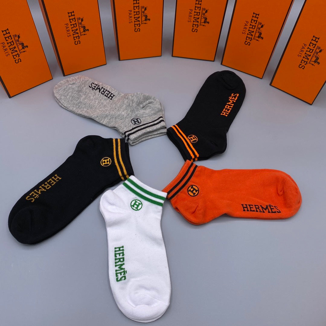 Hermès Orange White Grey Contrast Cuff Lines No-Show Socks, image 9