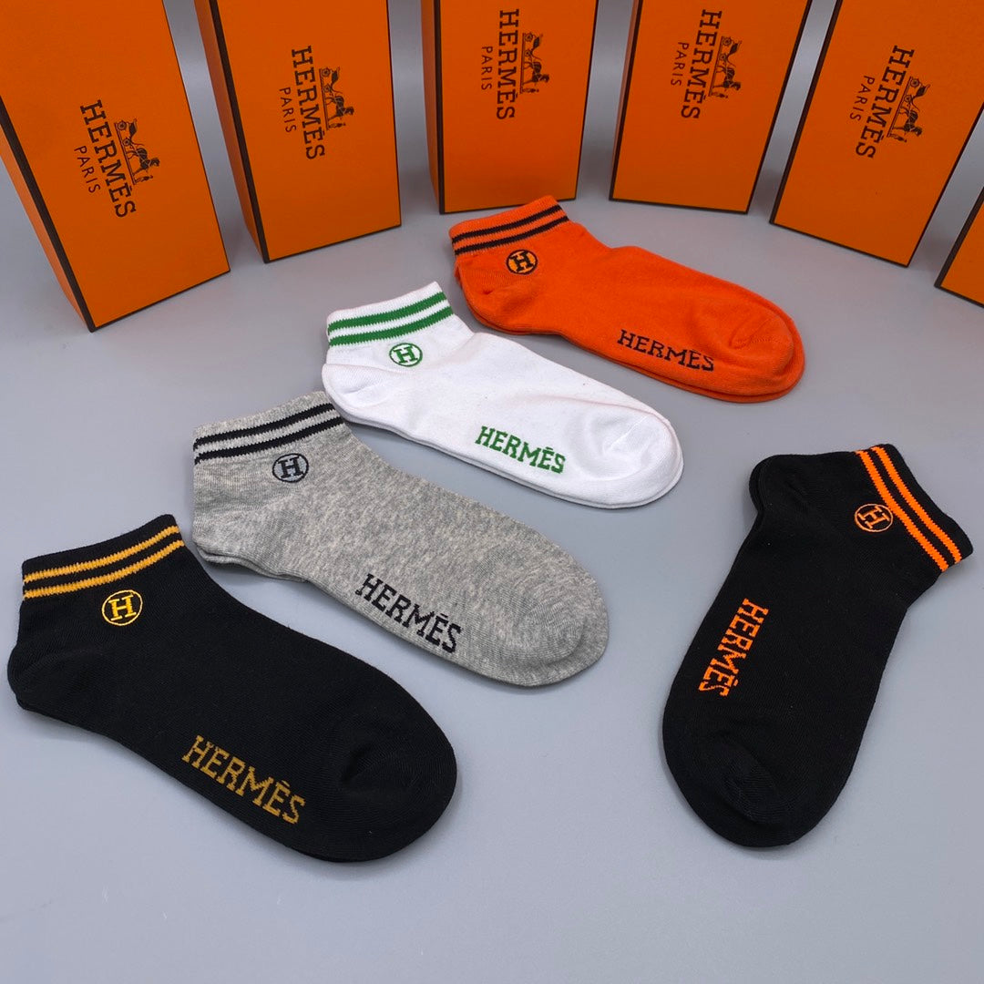 Hermès Orange White Grey Contrast Cuff Lines No-Show Socks, image 8