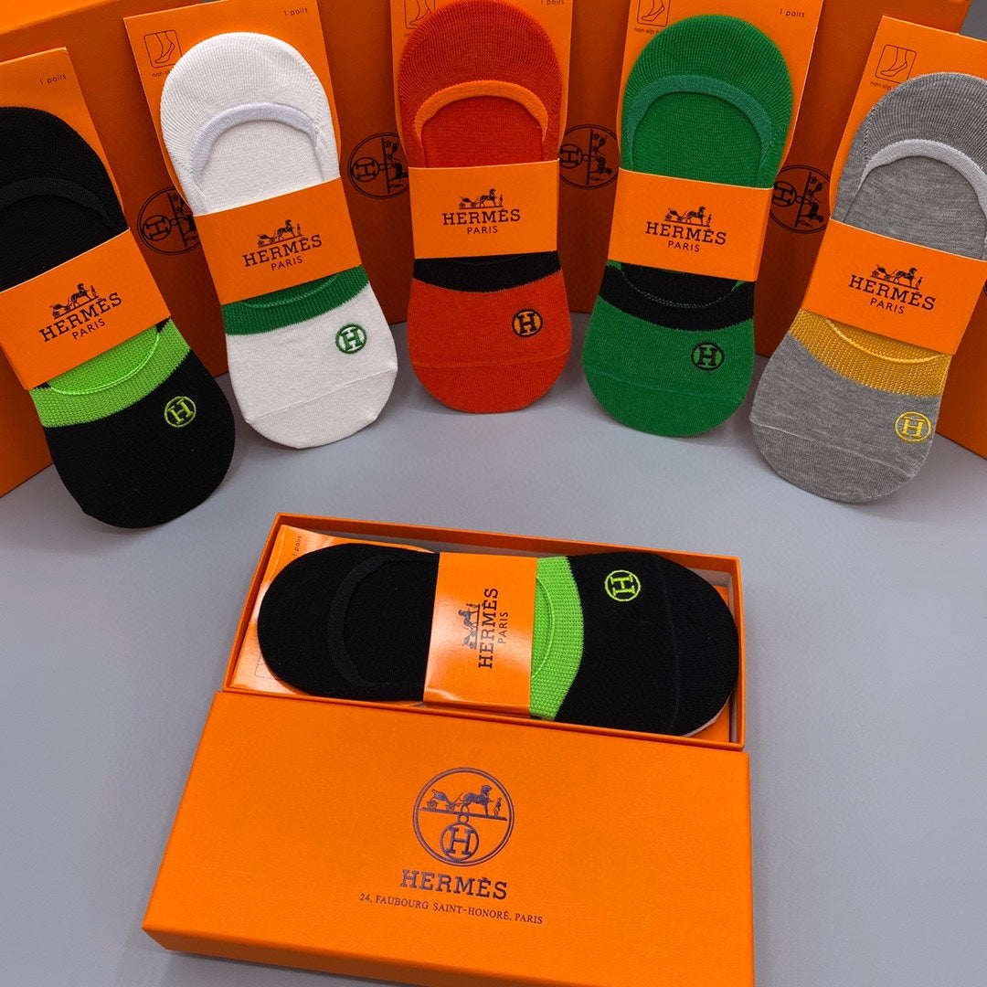 Hermès Bright Green Red Orange Footbed Bands No-Show Socks, image 5