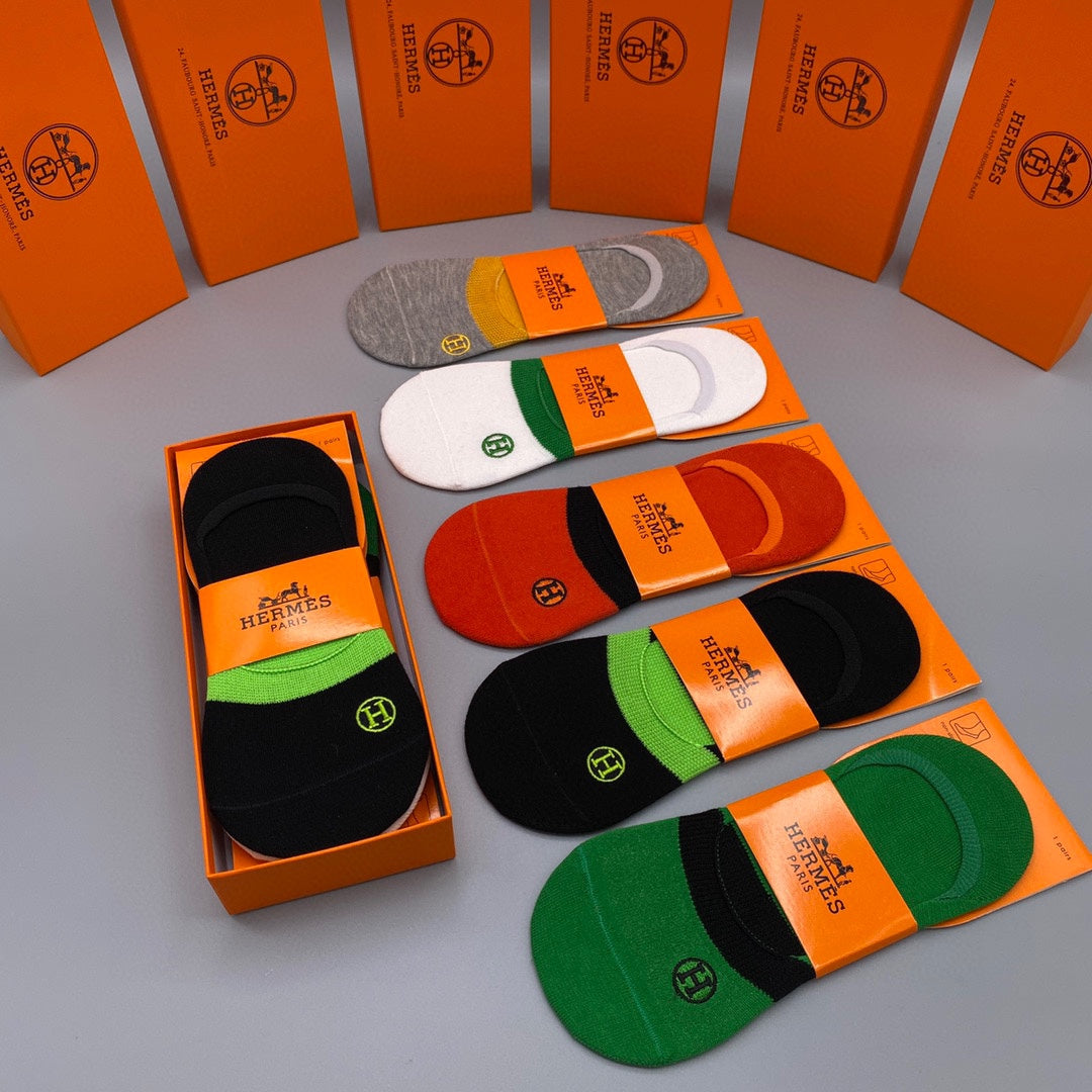 Hermès Bright Green Red Orange Footbed Bands No-Show Socks, image 4