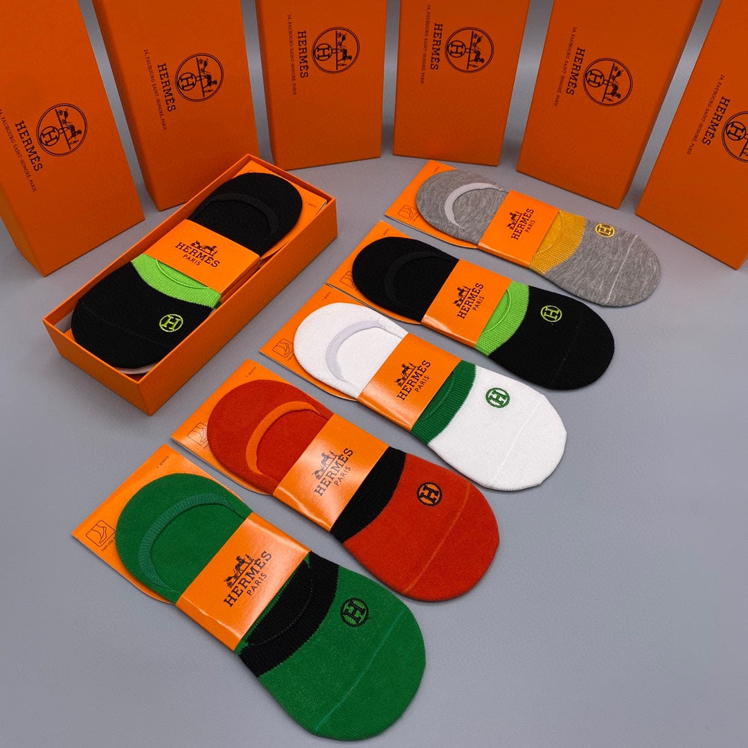 Hermès Bright Green Red Orange Footbed Bands No-Show Socks, image 6