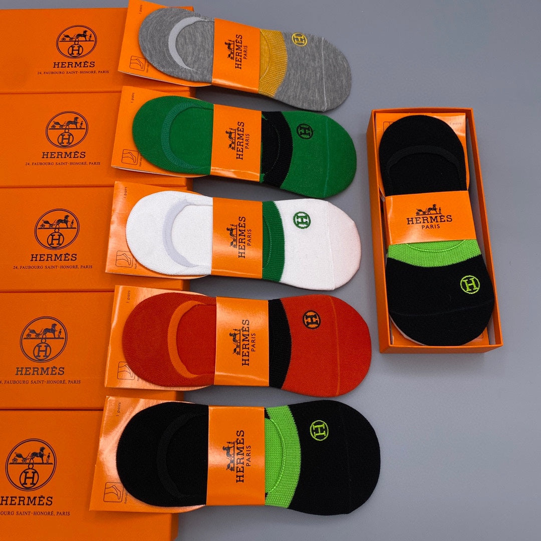 Hermès Bright Green Red Orange Footbed Bands No-Show Socks, image 2