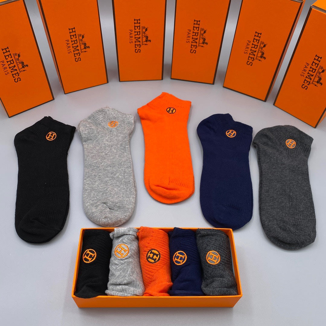Hermès Orange Navy Grey Small Cuff Medallion Ankle Socks, image 3