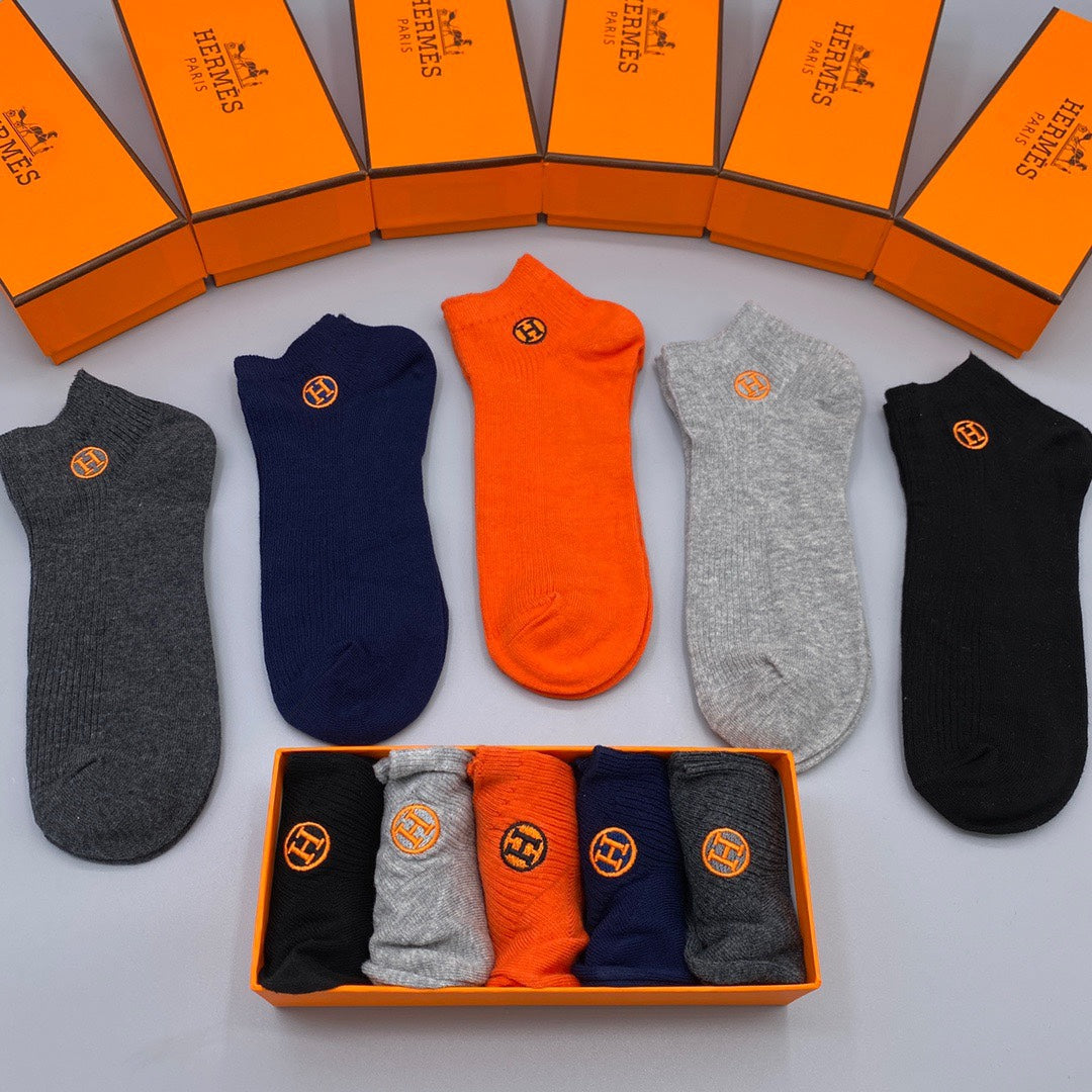 Hermès Orange Navy Grey Small Cuff Medallion Ankle Socks, image 9