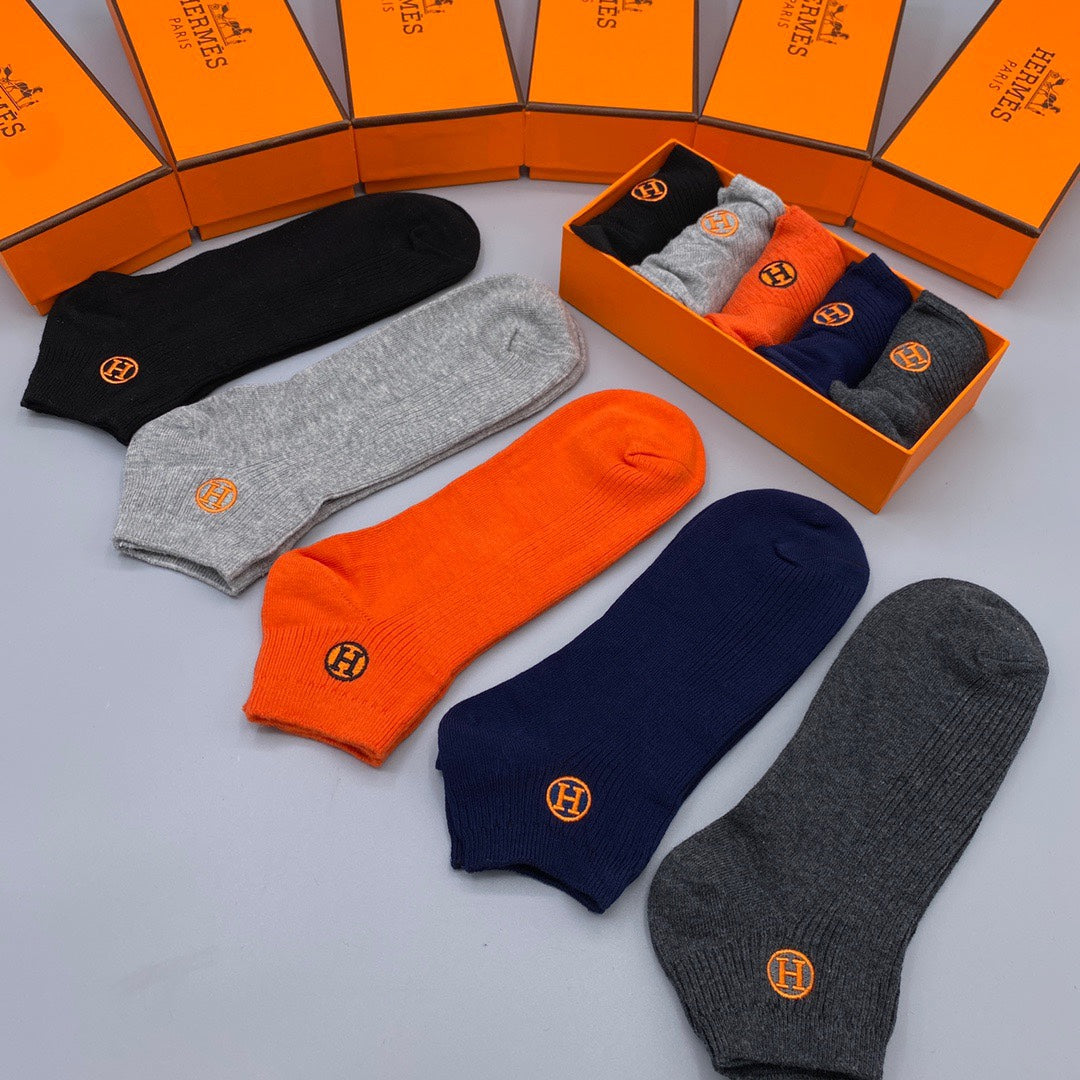 Hermès Orange Navy Grey Small Cuff Medallion Ankle Socks, image 7