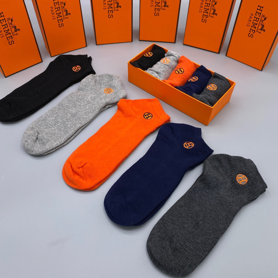 Hermès Orange Navy Grey Small Cuff Medallion Ankle Socks, image 4