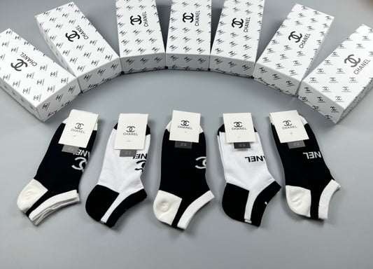 Chanel Black White Grey Fine Side Lettering Ankle Socks, image 1
