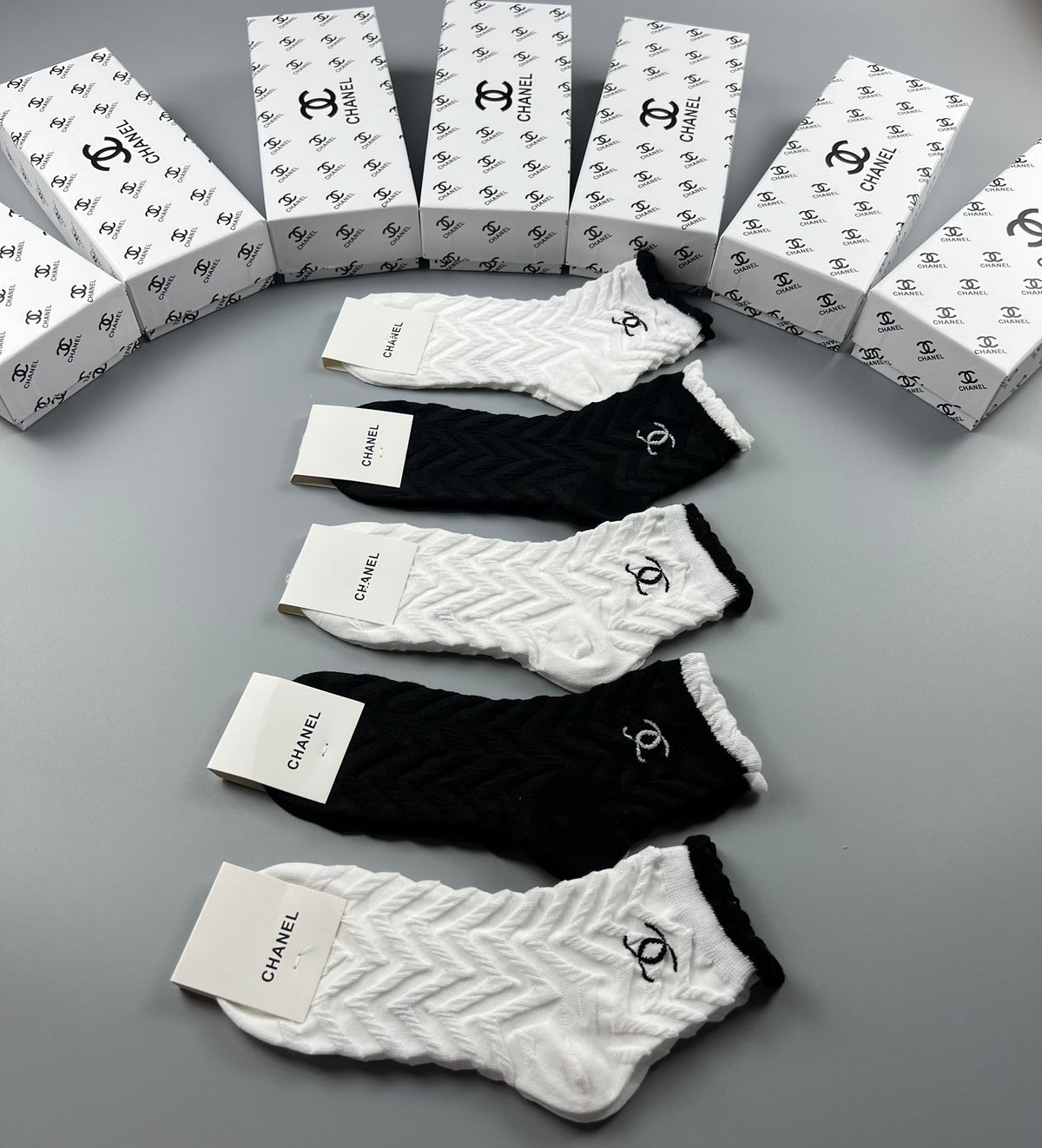 Chanel Brown Cream Black Wide Wordmark Cuffs Crew Socks, image 9