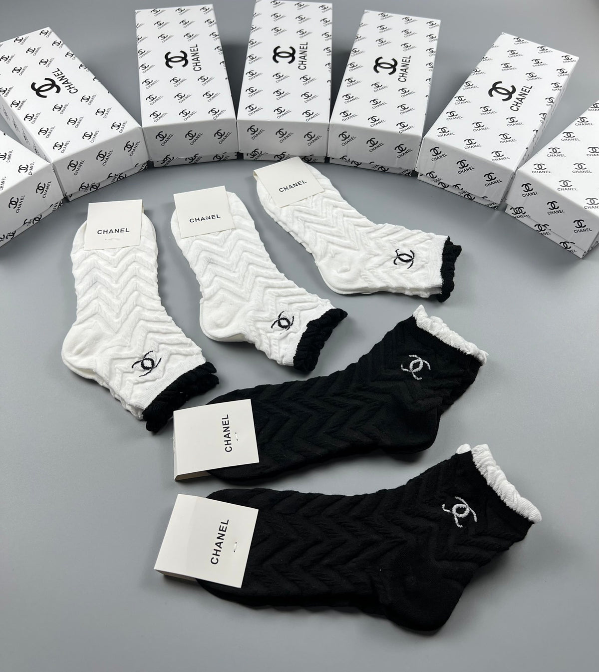 Chanel Brown Cream Black Wide Wordmark Cuffs Crew Socks, image 6
