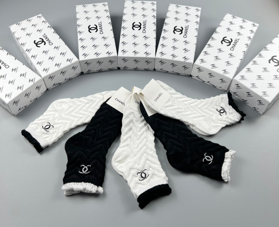 Chanel Brown Cream Black Wide Wordmark Cuffs Crew Socks, image 2