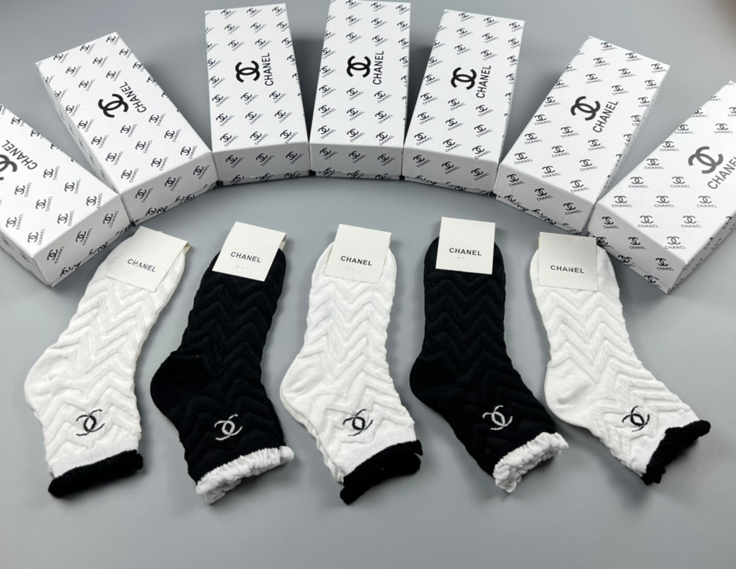 Chanel Brown Cream Black Wide Wordmark Cuffs Crew Socks, image 1