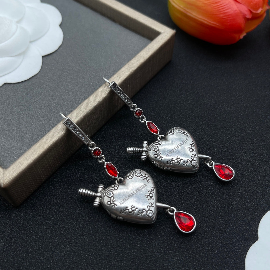 Alexander McQueen Crystal Petal Drop earrings in Silver & Red, detail view 3