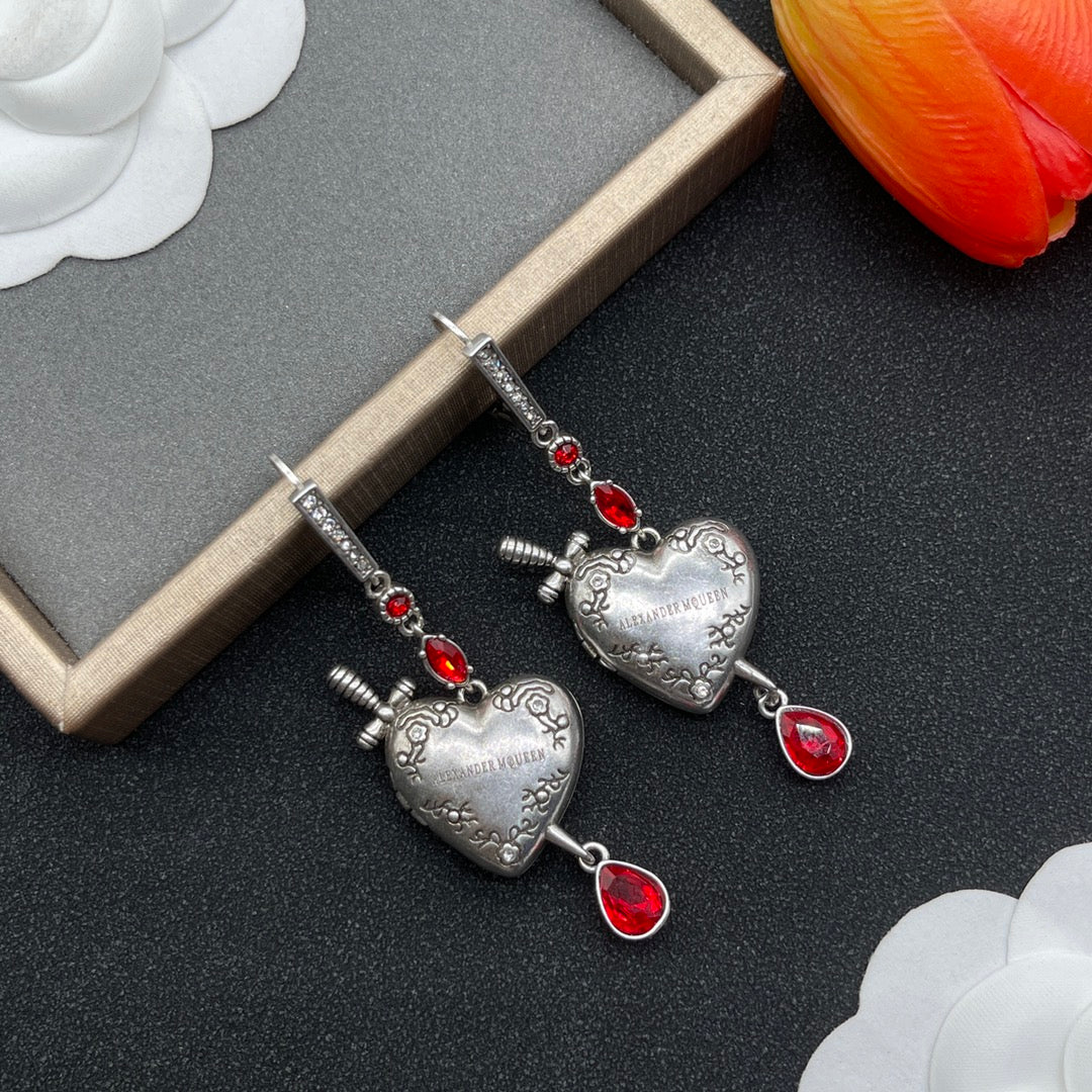 Alexander McQueen Crystal Petal Drop earrings in Silver & Red, detail view 2