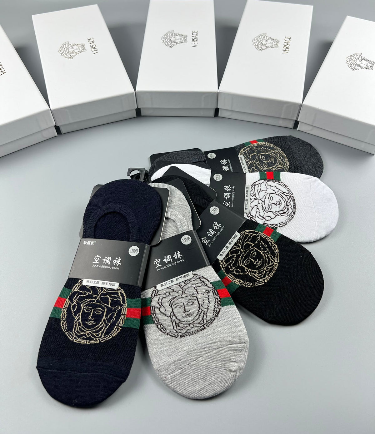 Versace Grey Black Coloured Round Motifs No-Show Socks, image 8