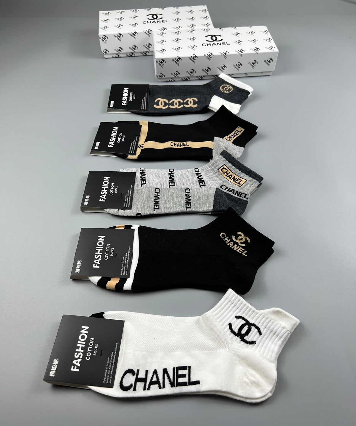 Chanel Black White Gold Letter Side Panels Crew Socks, image 9