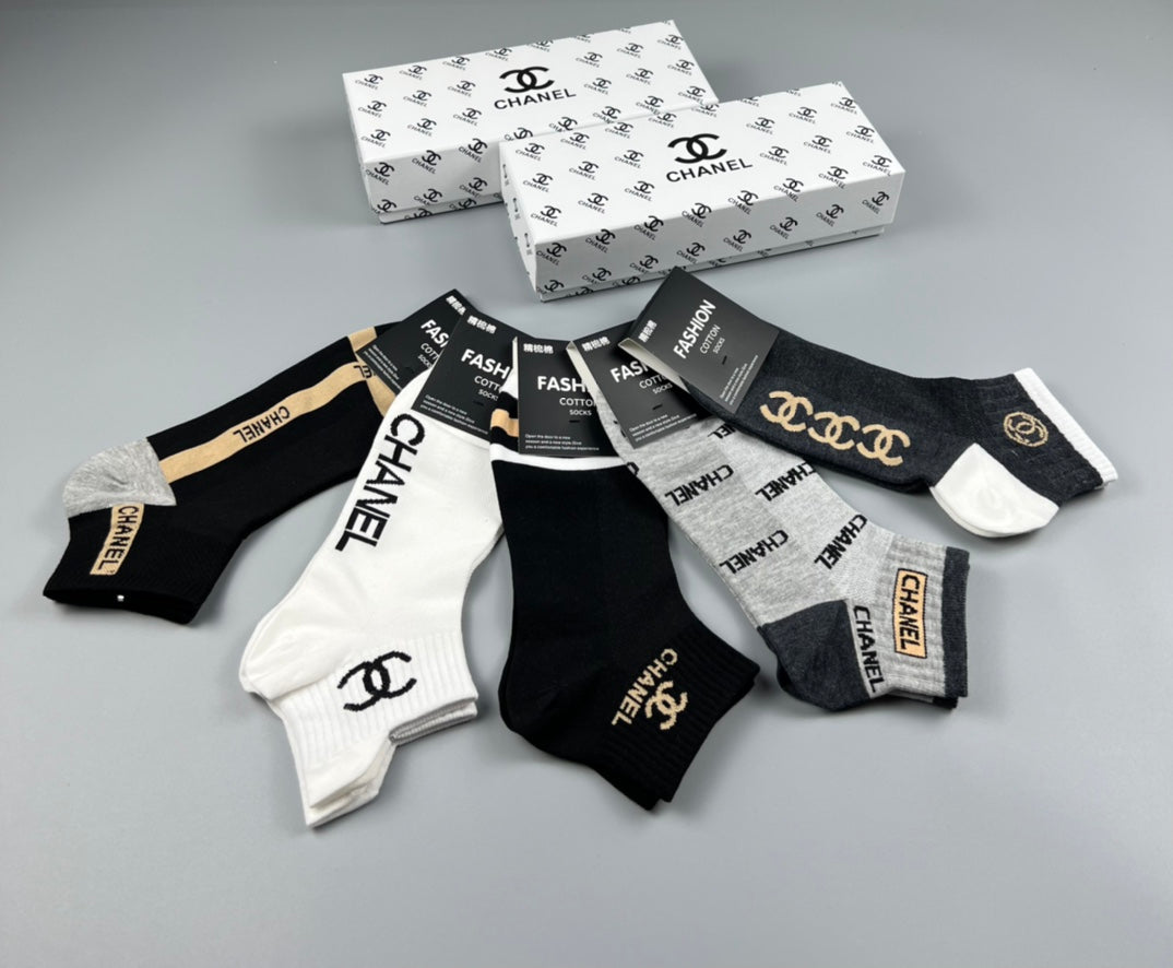 Chanel Black White Gold Letter Side Panels Crew Socks, image 2