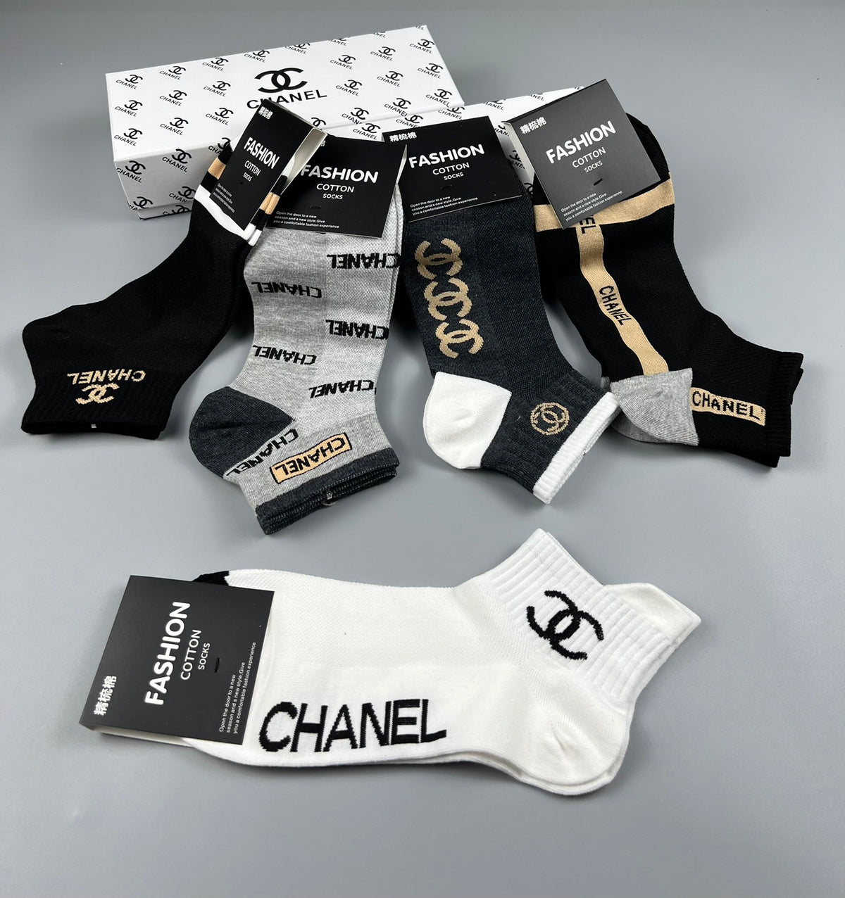 Chanel Black White Gold Letter Side Panels Crew Socks, image 7
