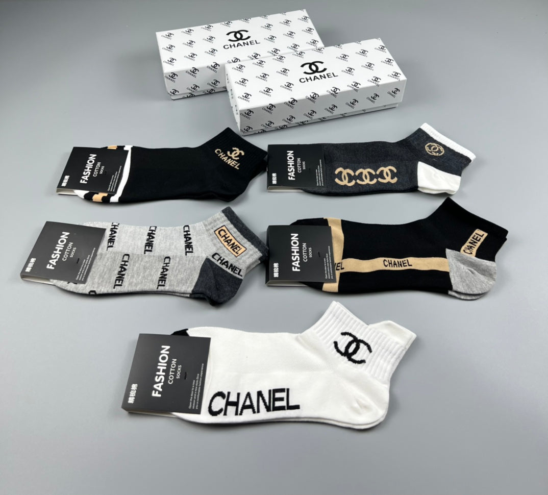 Chanel Black White Gold Letter Side Panels Crew Socks, image 4