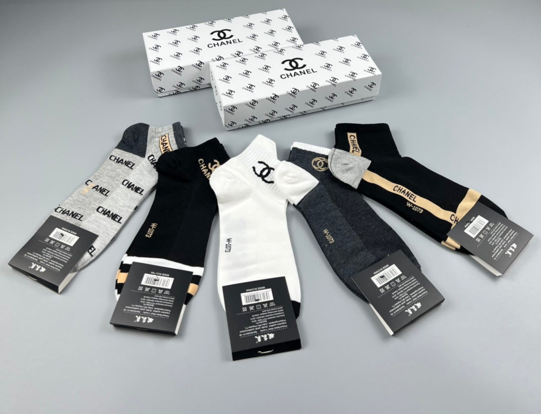 Chanel Black White Gold Letter Side Panels Crew Socks, image 6