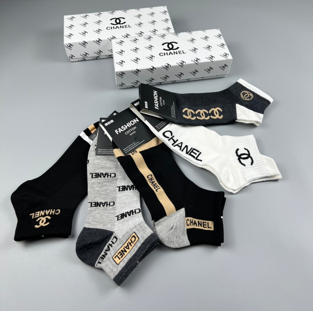 Chanel Black White Gold Letter Side Panels Crew Socks, image 8