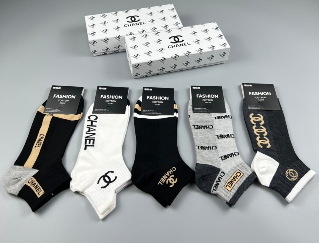 Chanel Black White Gold Letter Side Panels Crew Socks, image 1